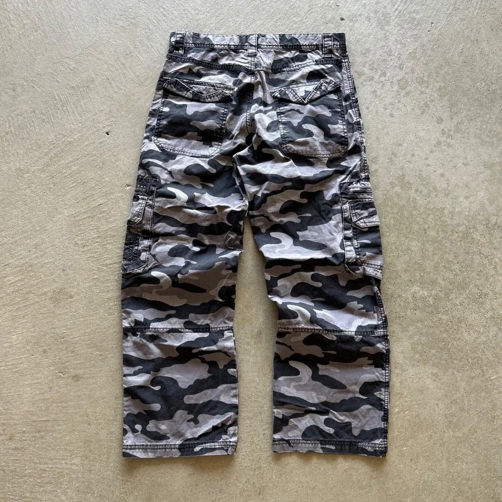 Vintage Y2K Old Navy Cargo Pants Boys 14 Husky Gray Black Woodland Camo Tactical